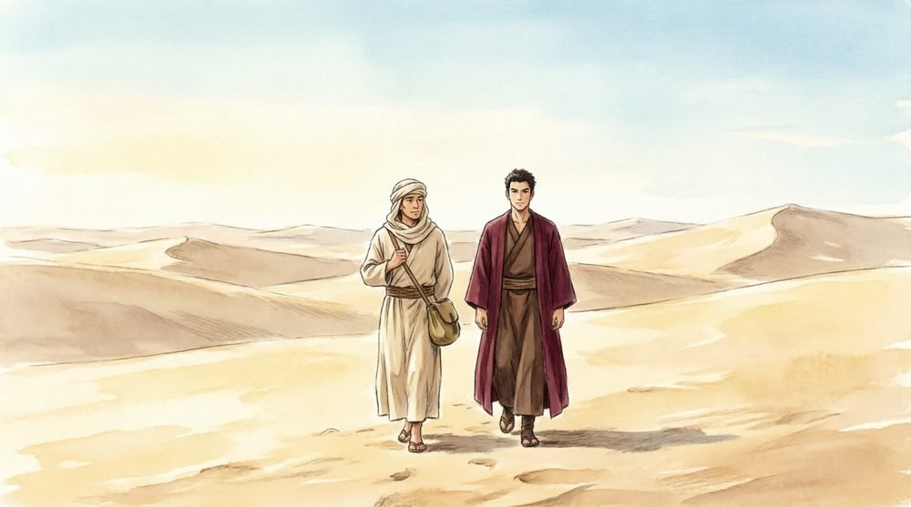 アラビアの砂漠を行く二人の旅人