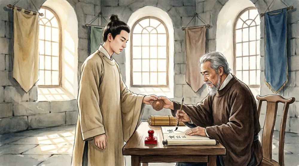 師から教えを受け取る若者