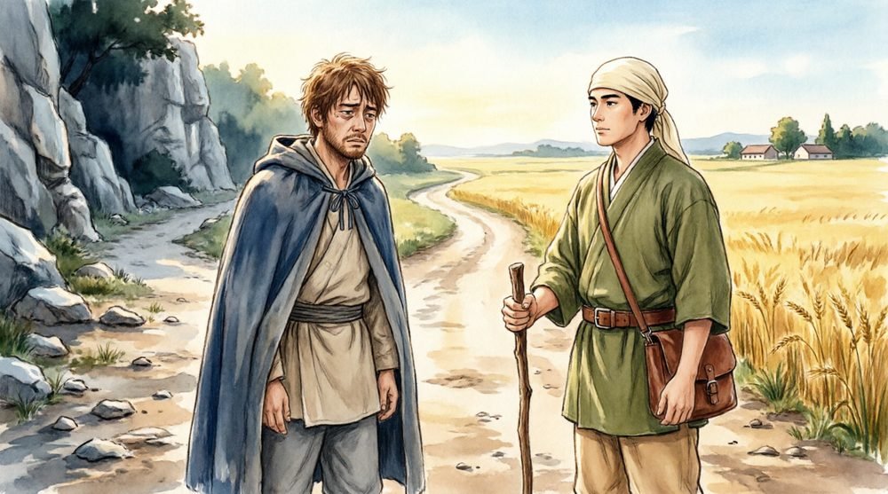 分かれ道でそれぞれの方向へ旅立つ二人の男