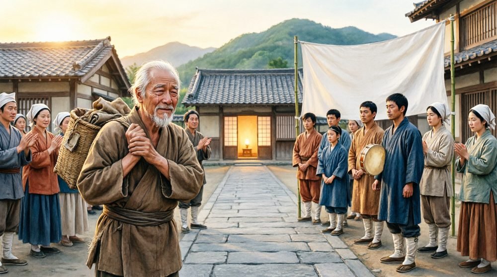 夕暮れの村で祝いを分かち合う人々