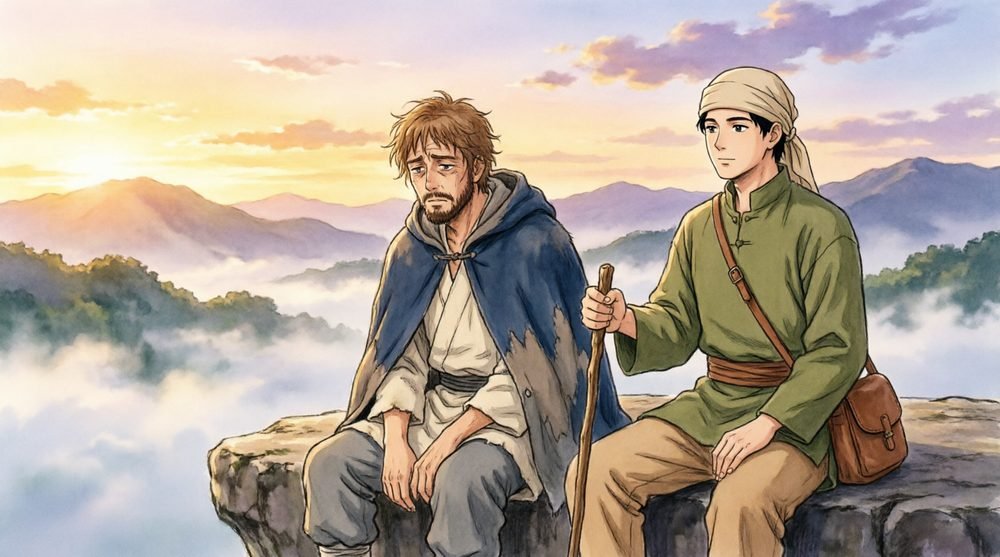 夕暮れに語り合う二人の男