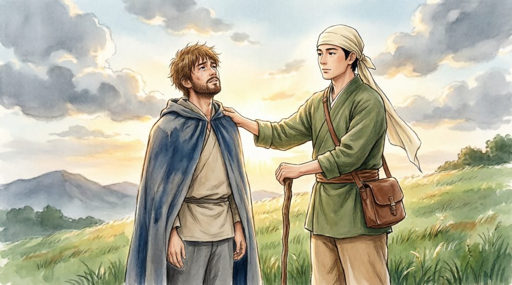 肩に手を置き、慰め合う二人の男