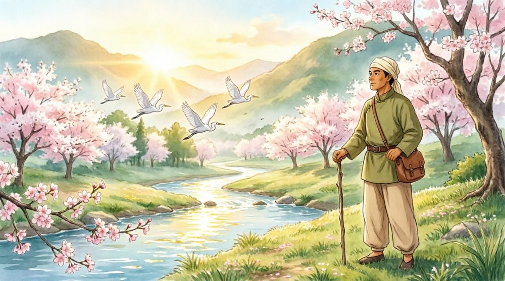 桜と小川に囲まれた穏やかな春の道