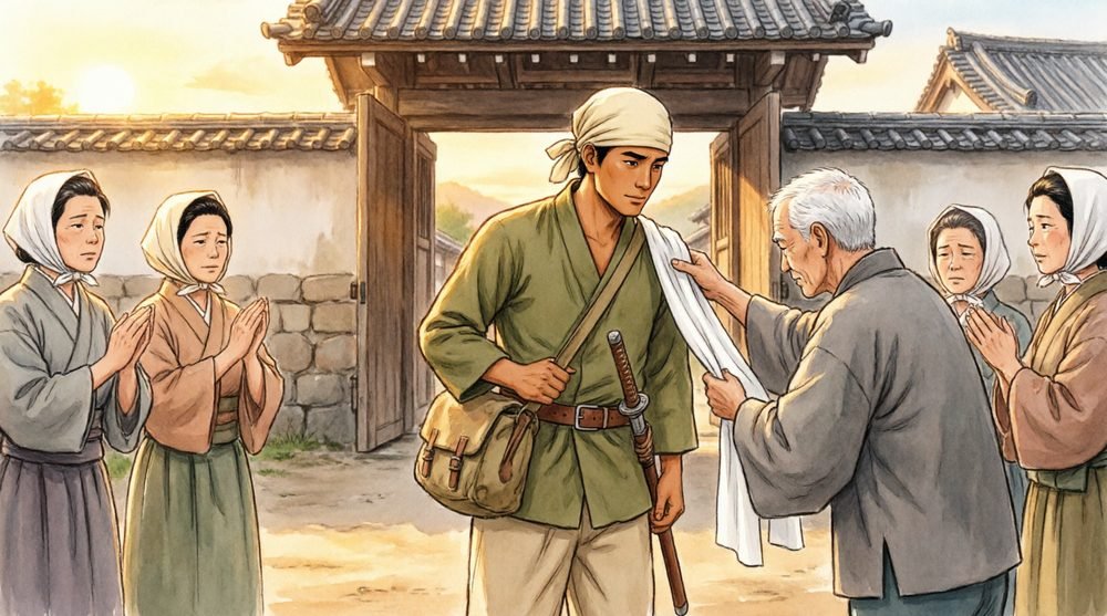 町の門で迎えられ誉れを受ける兵士