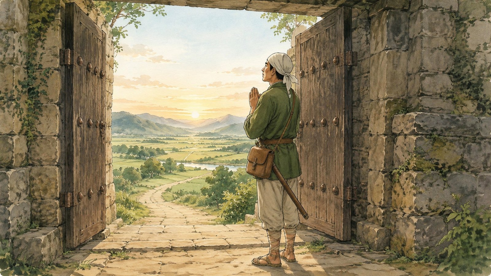 麦畑で困窮する人々に糧を分け与える男