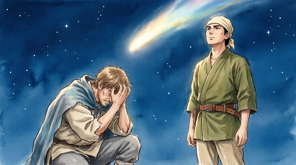 流れ星を見上げる二人、一人は怯え一人は静かに見守る