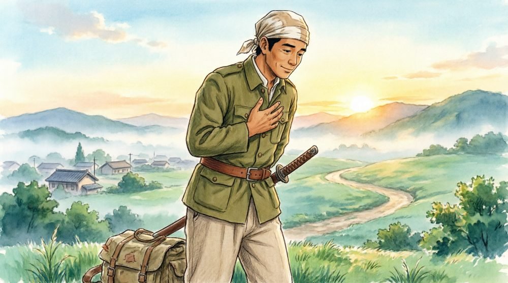 朝日に向かって歩む旅人