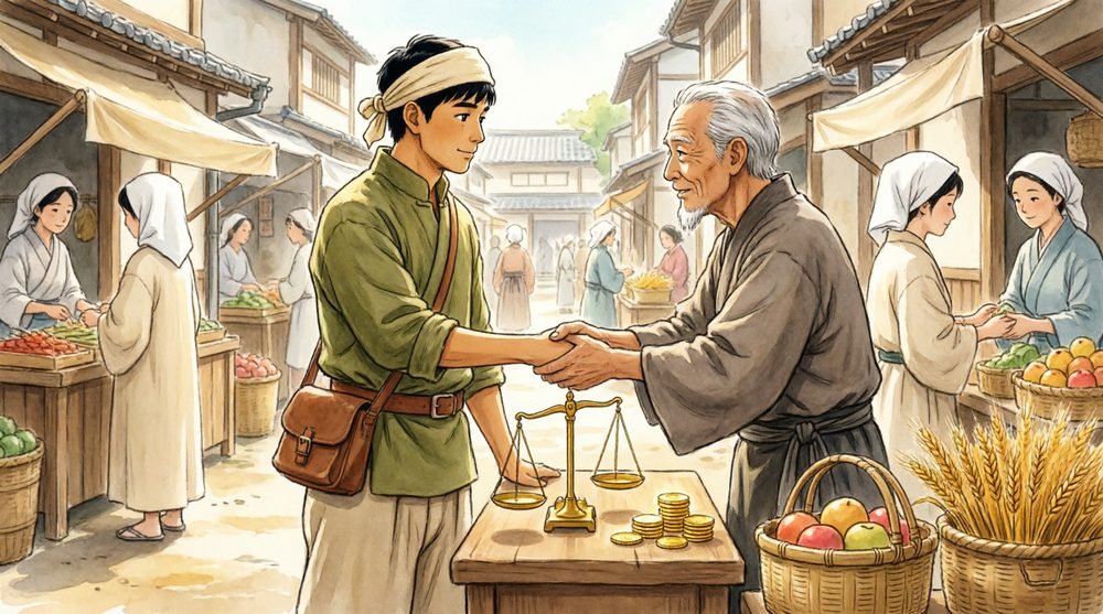 市場で見事な取引をする召使い