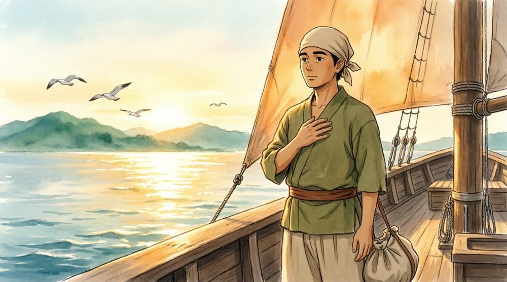 夕日の海を渡る船上の男