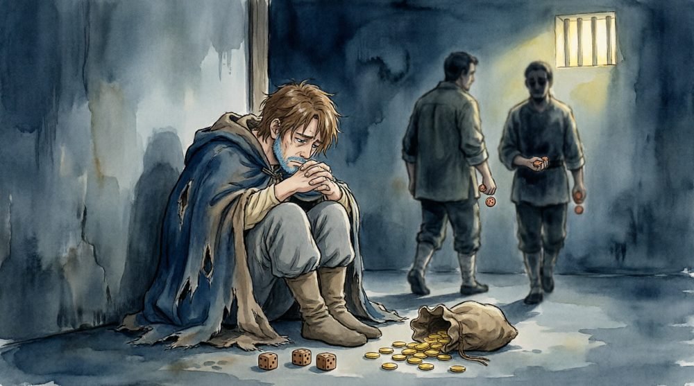 牢の中で金貨を失い項垂れる男