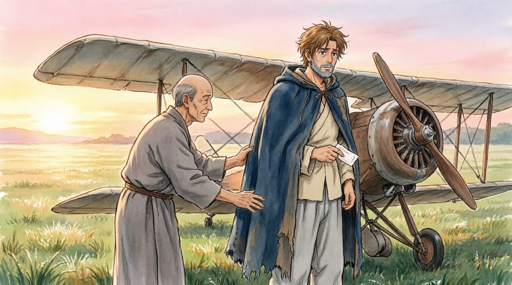 飛行機のそばで旅人を迎える老人