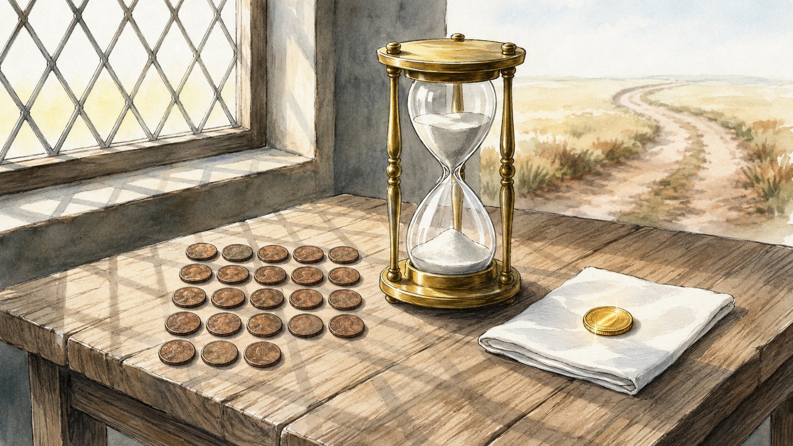 金貨のそばに置かれた砂時計