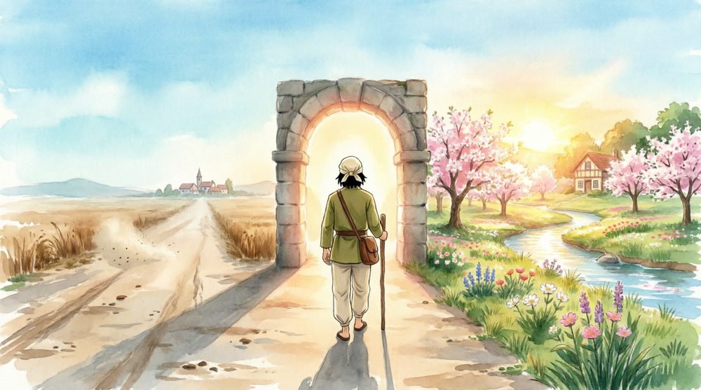 桜咲く道を歩み光へ向かう旅人