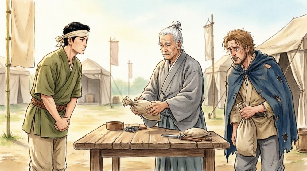 兵営で食事を分け与えられる兵士たち