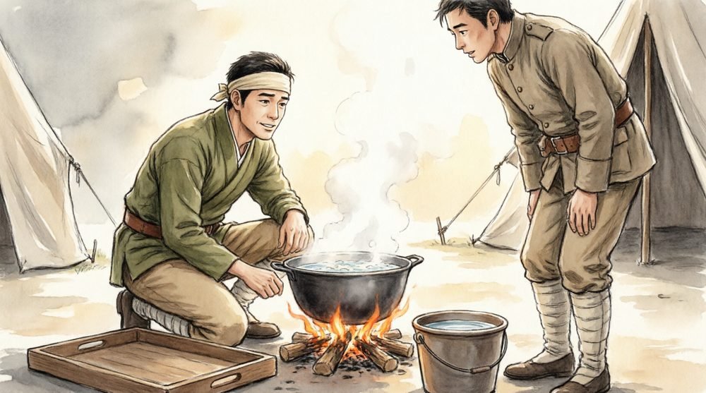 鍋を火にかけ雑用をこなす兵士