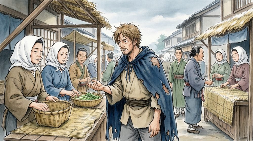 市場で取引をする兵士