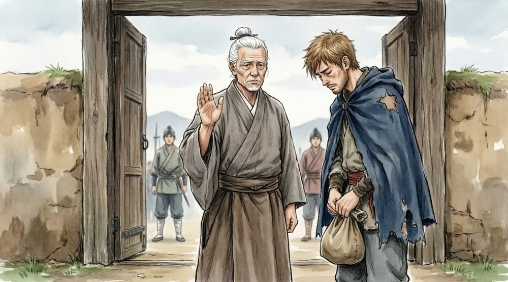 門で兵士に警告する長老
