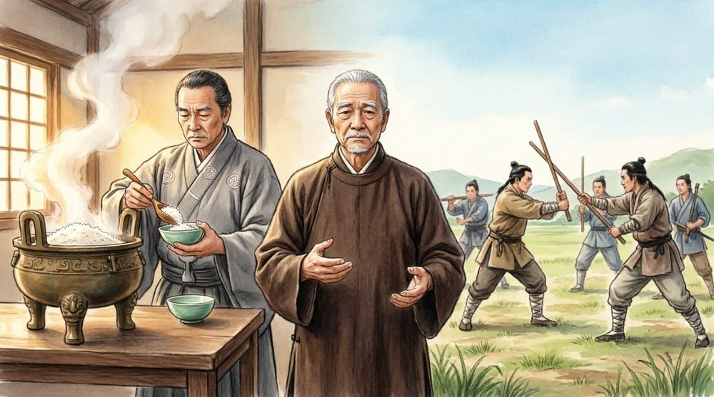 戦いの喧騒の中で炊事をする人々