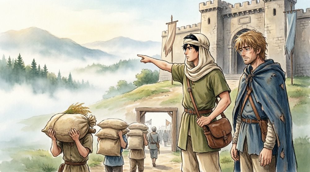 城門へ向かって行進する兵士たち