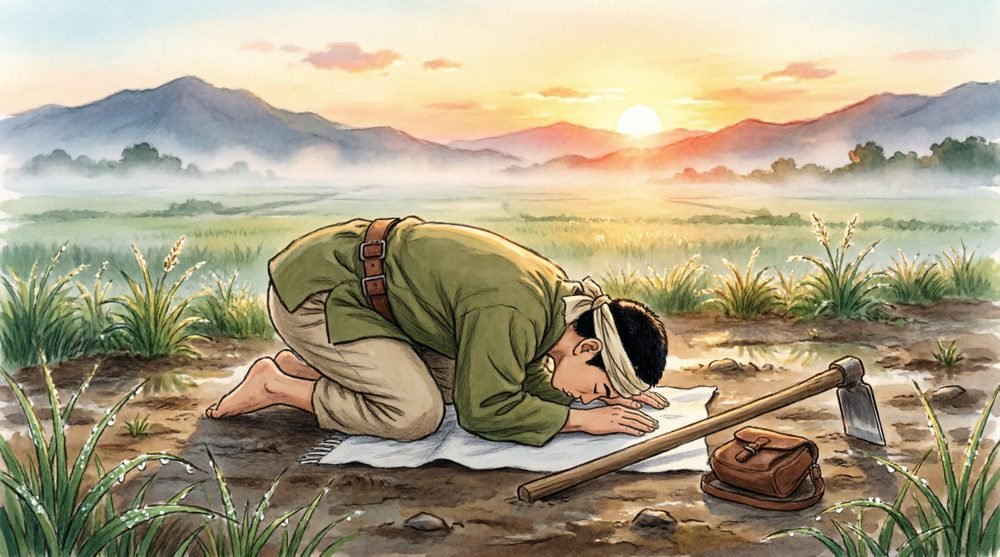 野で一人礼拝する男