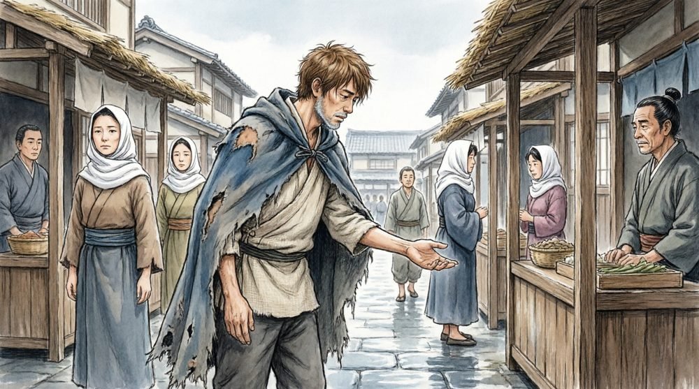 市場で物乞いをする兵士