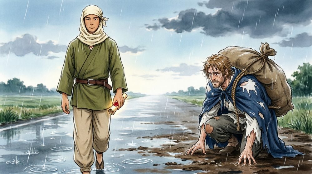 雨の中うずくまる男を見る若者