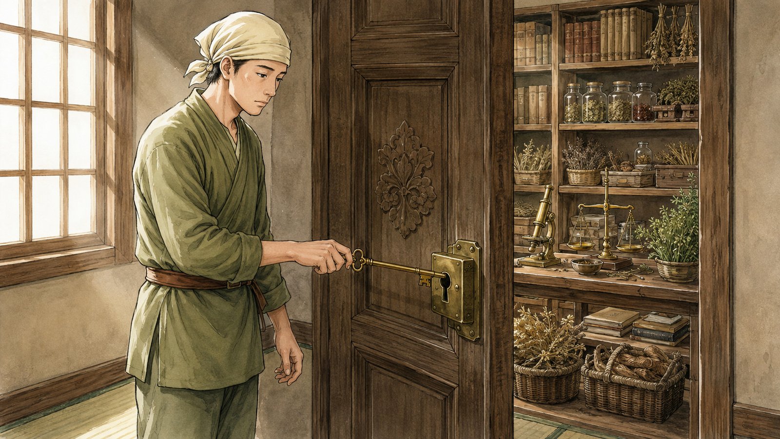 灯りの入った箱を静かに見つめる若者