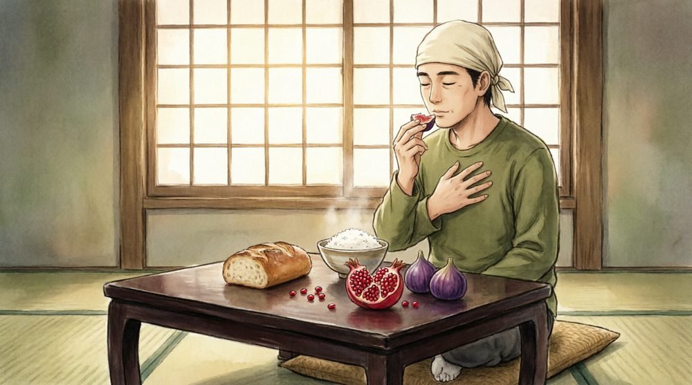 食卓で果実を味わう若者