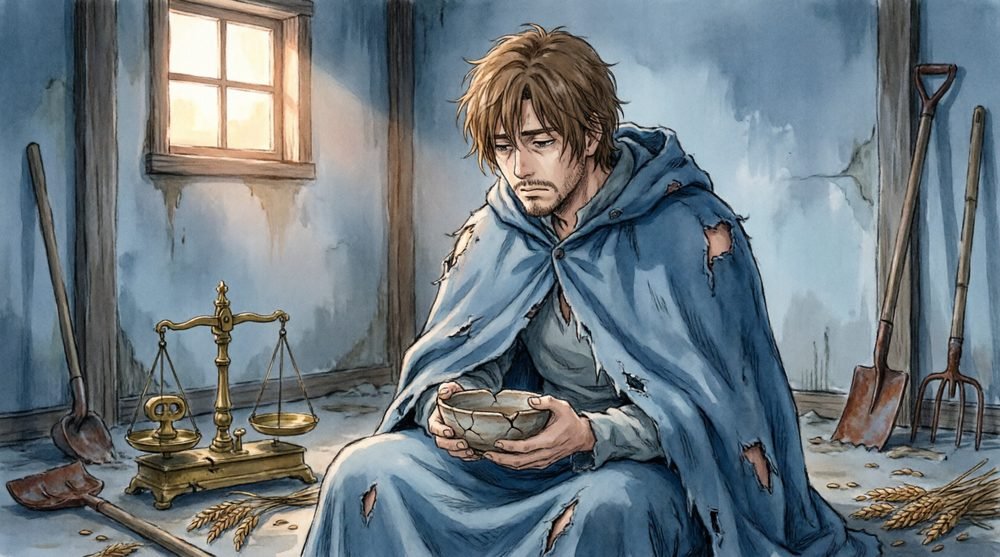 薄暗い部屋で秤を手にする男