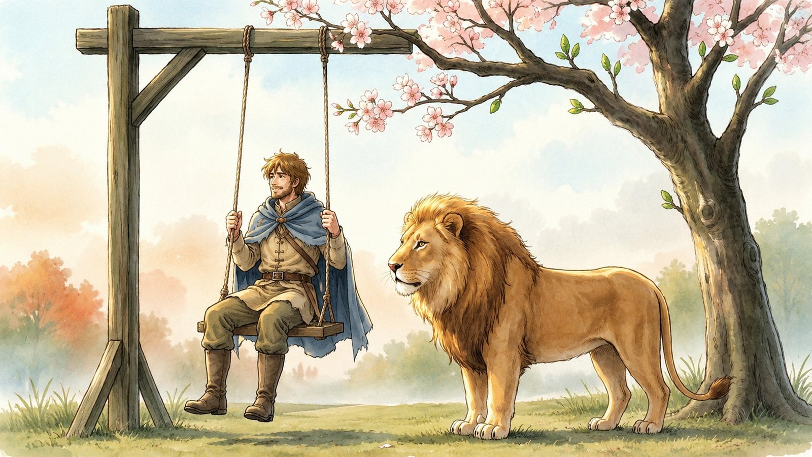 桜の木のブランコに乗る青年とライオン