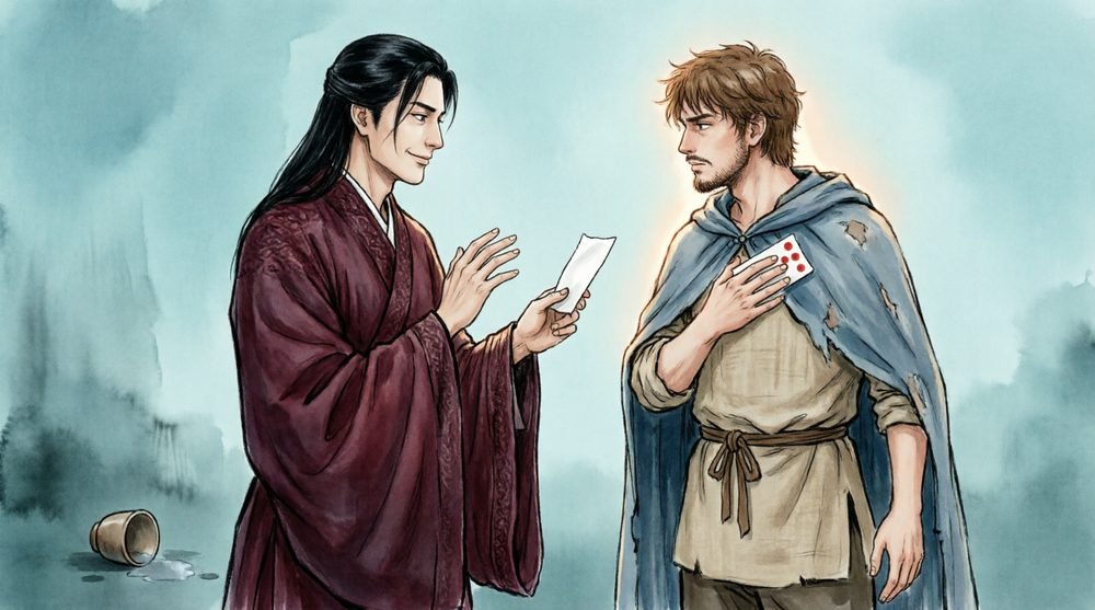 兵士に薬を捨てるよう迫る男