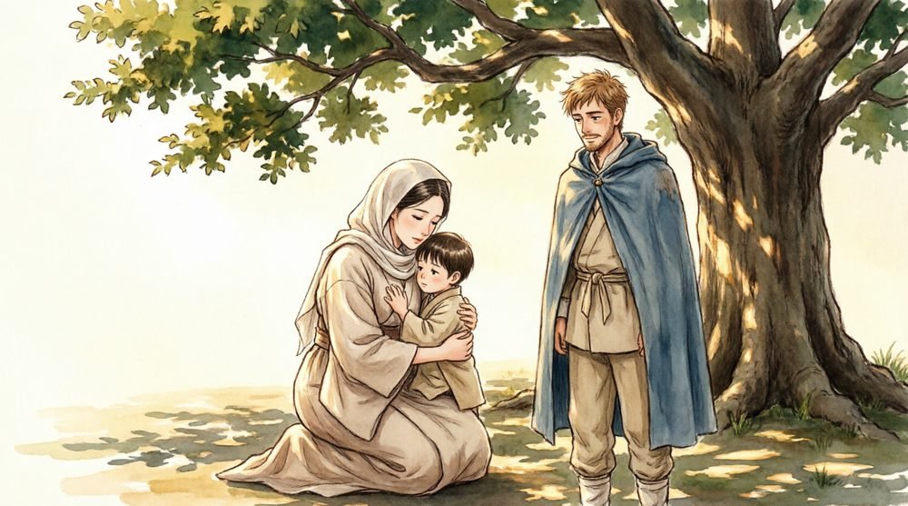 母の胸に抱かれる子と、見守る父