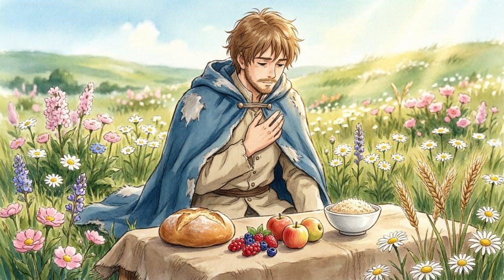 花畑で食卓を前に感謝する青年