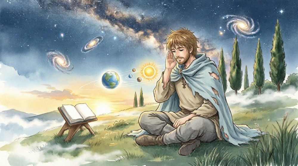 星空の下で書物を開き瞑想する青年