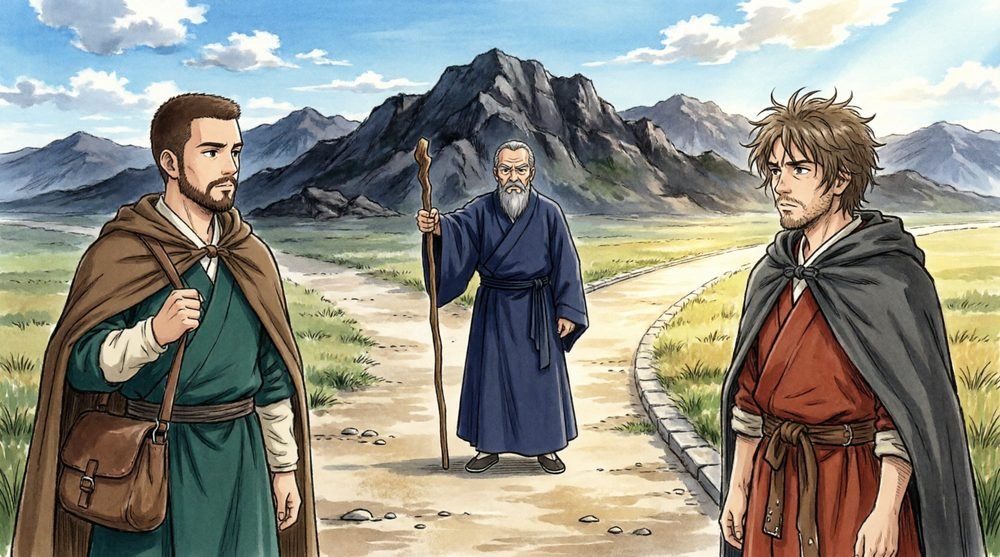 分岐点で二つの道を説明する男