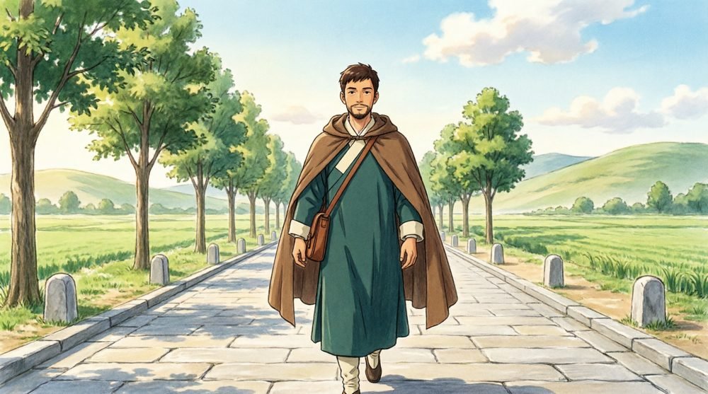 並木道を静かに進む男