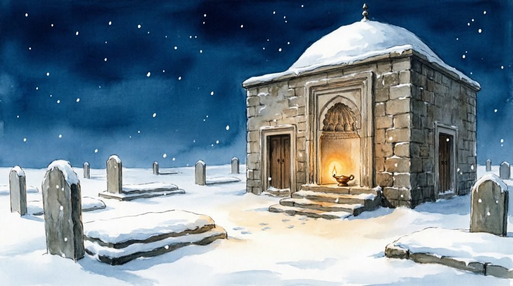 雪の中、灯りのともる夜の廟