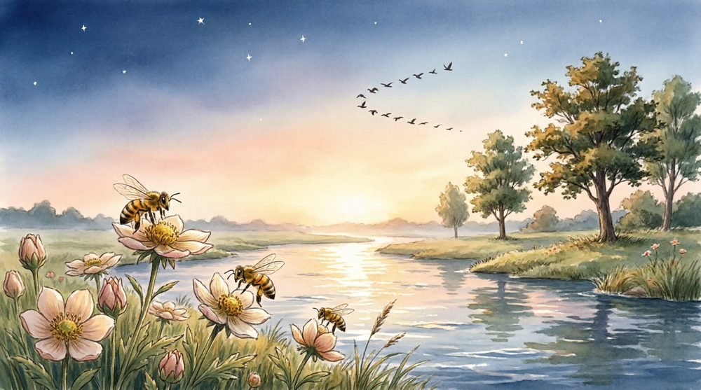 夕暮れの湖、花と蜂、木々